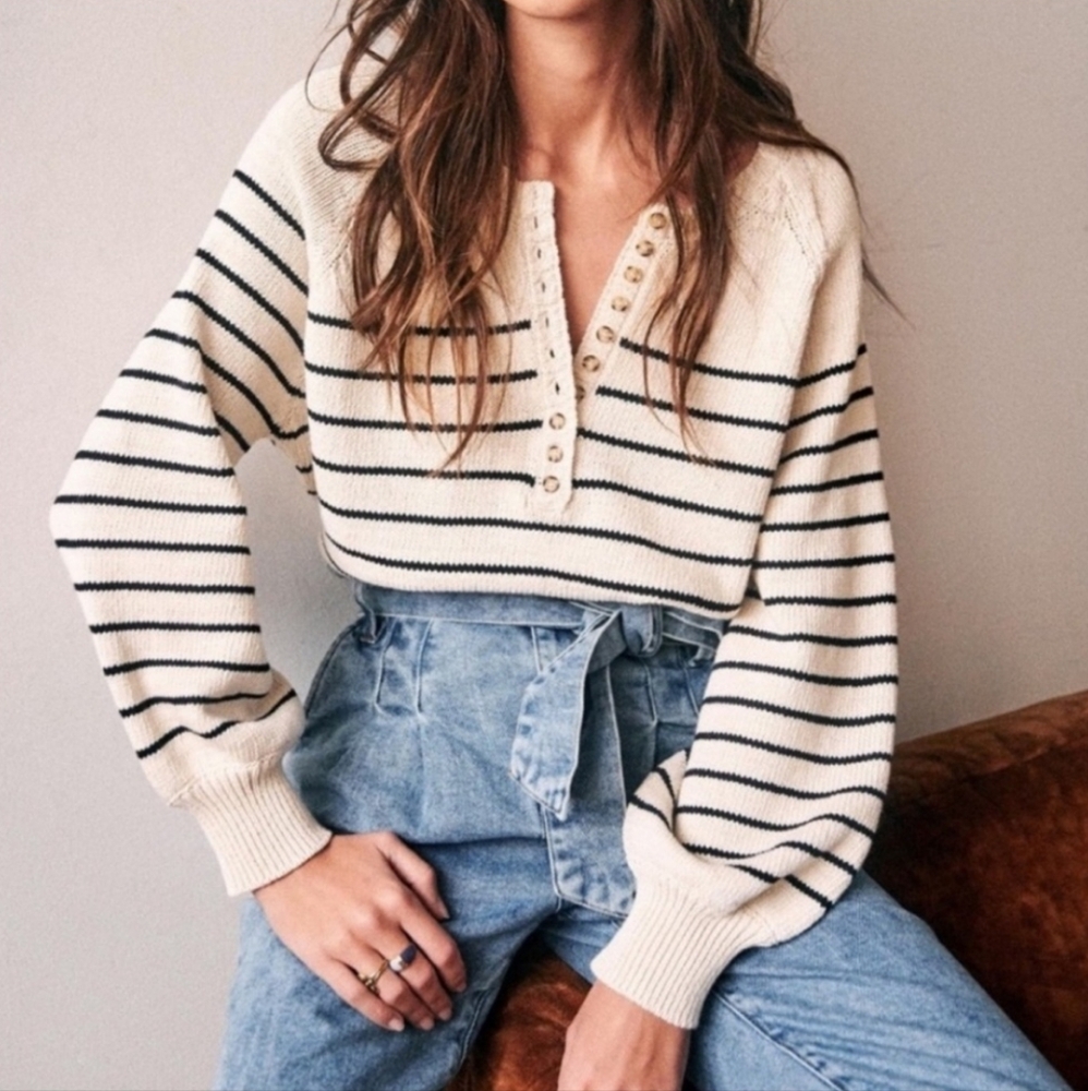Sezane Cream and Black Striped Sweater